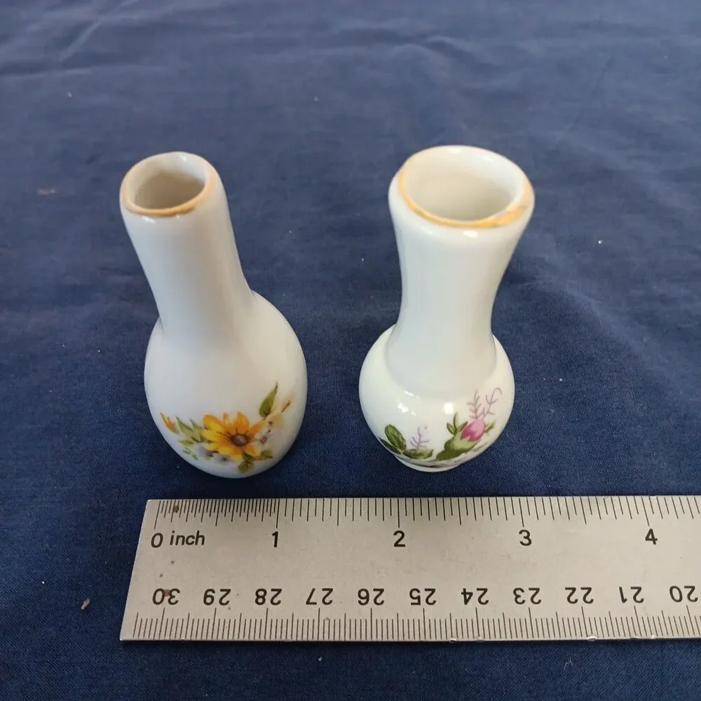 Miniature Vase 2 1/2” Tall Porcelain  Yellow and Pink Flowers Gold Rim